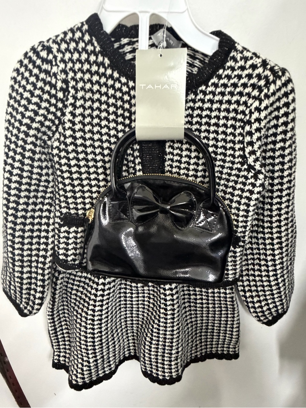 Tahari Black & White Houndstooth Knit Cardigan Set with Bow Purse